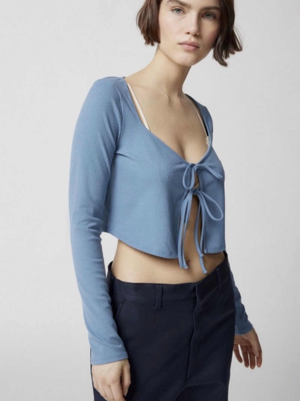 Urban Outfitters Dusty Blue Ribbed Tie-Front Long-Sleeve Crop Top